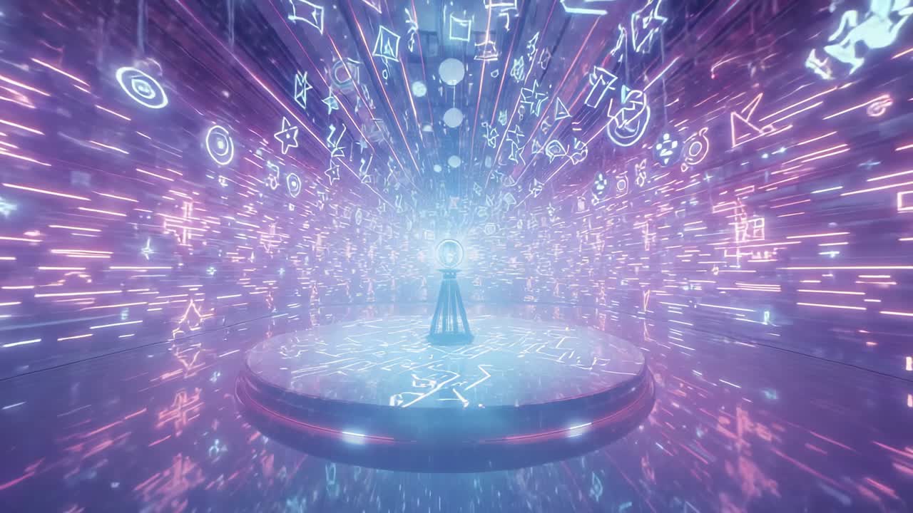 Glowing orb on pedestal in virtual chamber pulsing luminescence as neon glyphs streaming inward