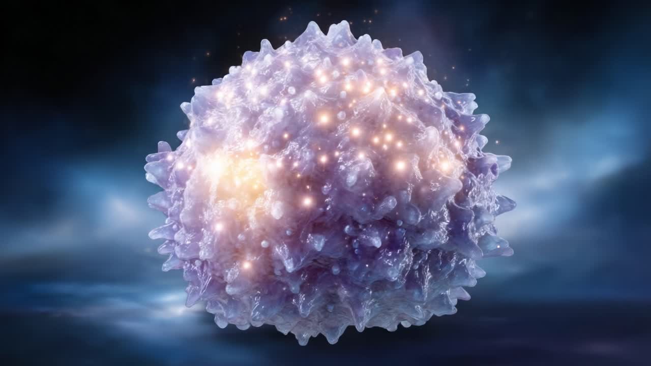 Una straordinaria visualizzazione di una cellula microscopica in un ambiente cosmico, illuminata da luci scintillanti e particelle luminose che mettono in mostra la bellezza della microbiologia