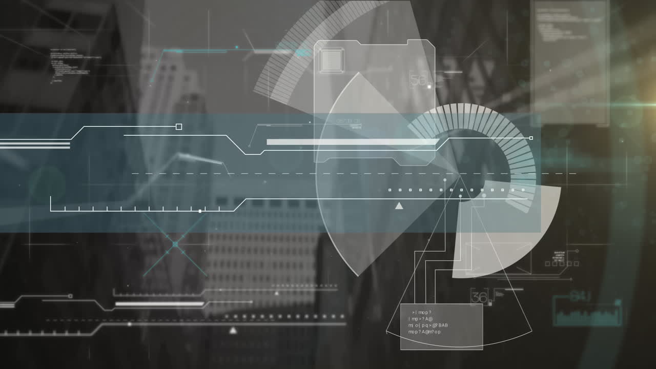 디지털 인터페이스와 데이터 처리 배경에 높은 건물에 대해