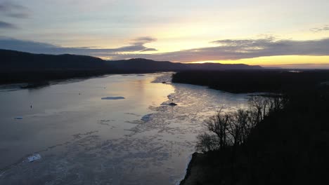 frozen river sunrise/sunset aerial view