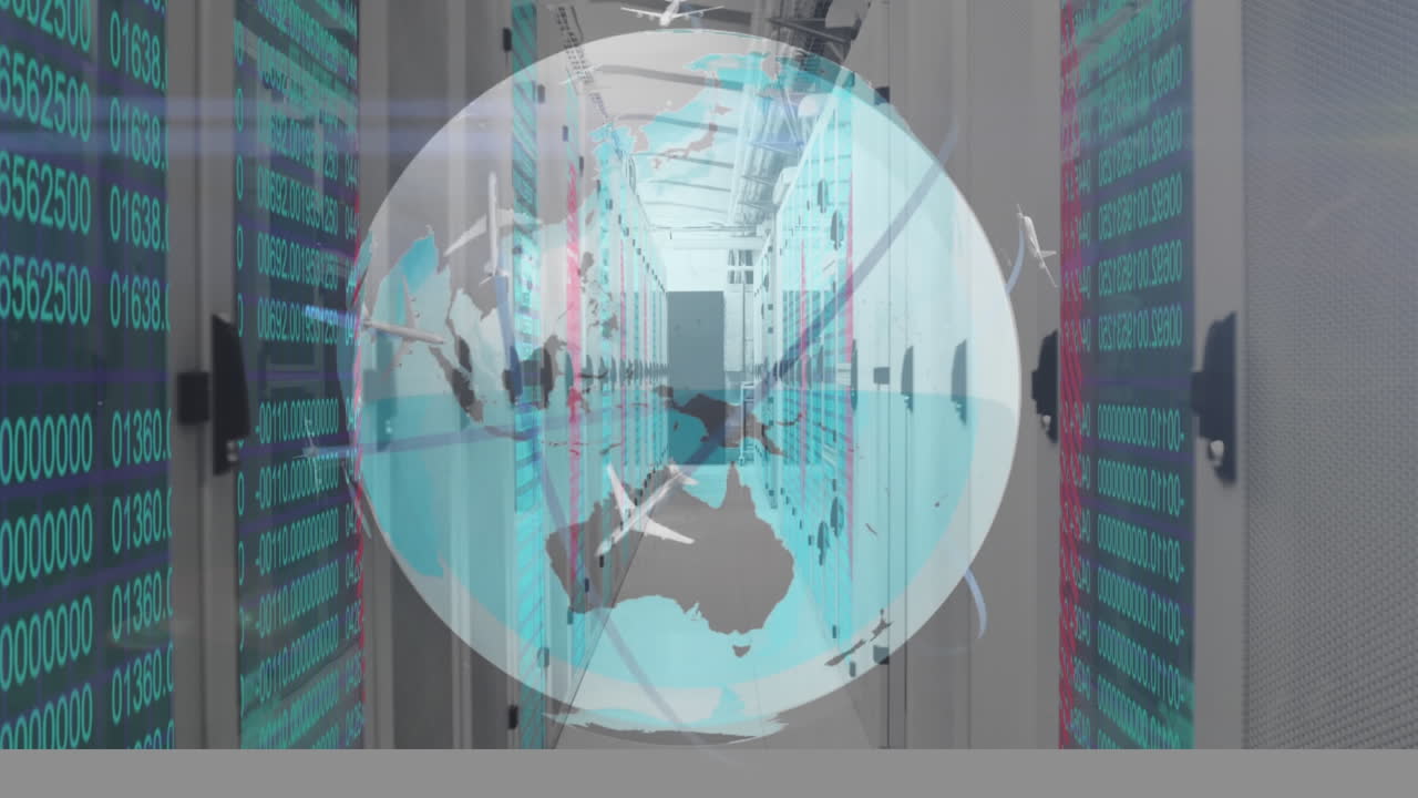 animación del globo girando con aviones volando sobre él sobre la sala de pantallas