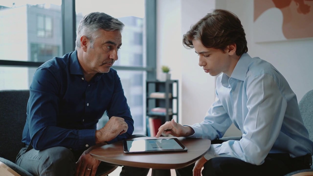 Mentore senior che scorre un tablet, guidando un collega junior in un angolo dell'ufficio, in abbigliamento business-casual.
