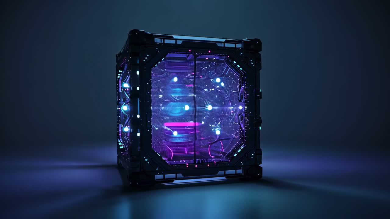 Underlighting activating rotating cube in studio, with pulsing energy core and glowing circuitry