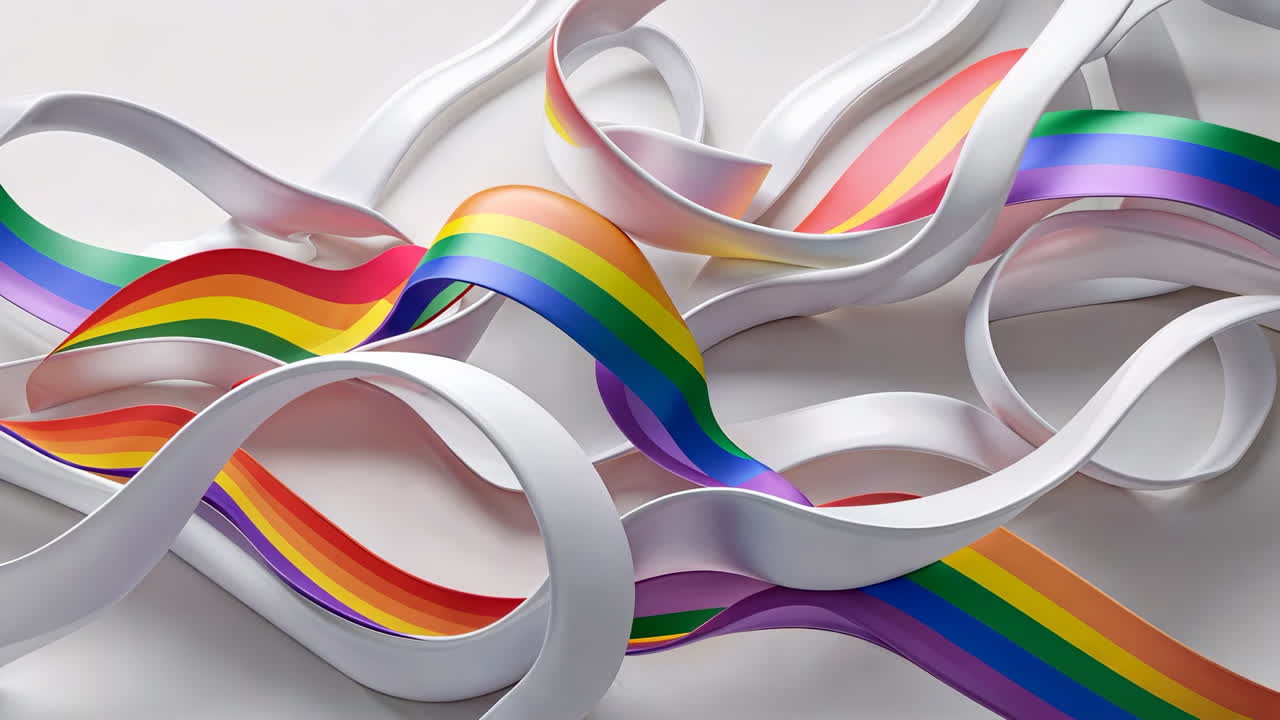 Abstract Intertwined Rainbow and White Ribbons