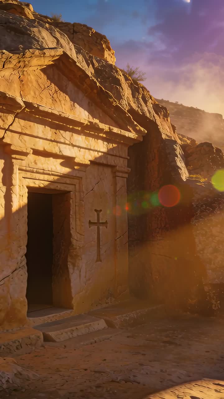 Video verticale: Luce solare splendente che proietta la porta di una facciata in pietra e una croce su un pendio roccioso, con il pulviscolo che brilla.