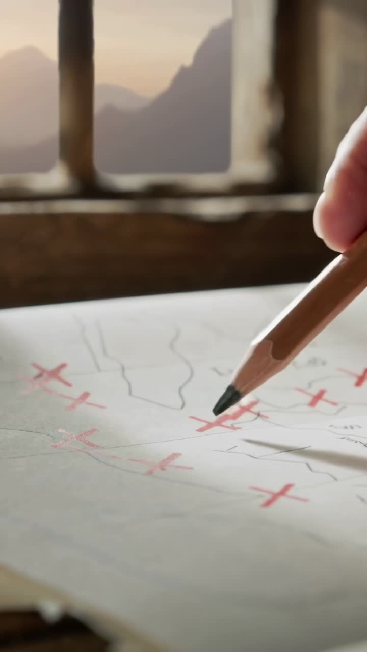 Vertical video: Right hand holding wooden pencil tracing map on desk, guided by red Xs, copy space