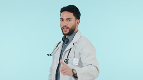 hombre, médico y pulgares hacia arriba, apoyo de atención médica