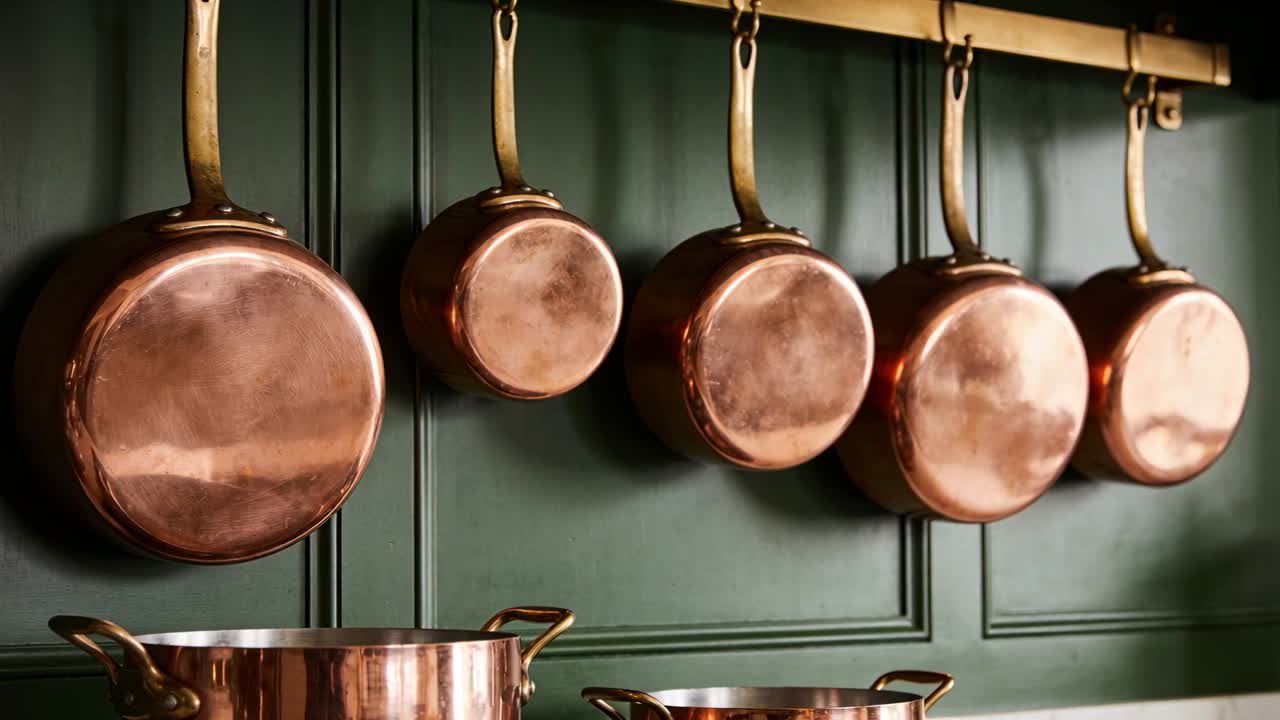 Moving camera tightening frame, highlighting row of copper pans in kitchen on green backsplash