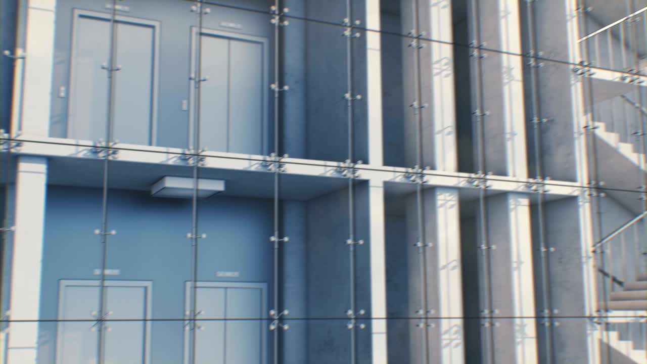 아름답고 추상적인 현대적인 고층 건물 외관, 유리, 금속 및 콘크리트, 인테리어와 함께 초고층 건물 전면의 루프 3d 애니메이션.