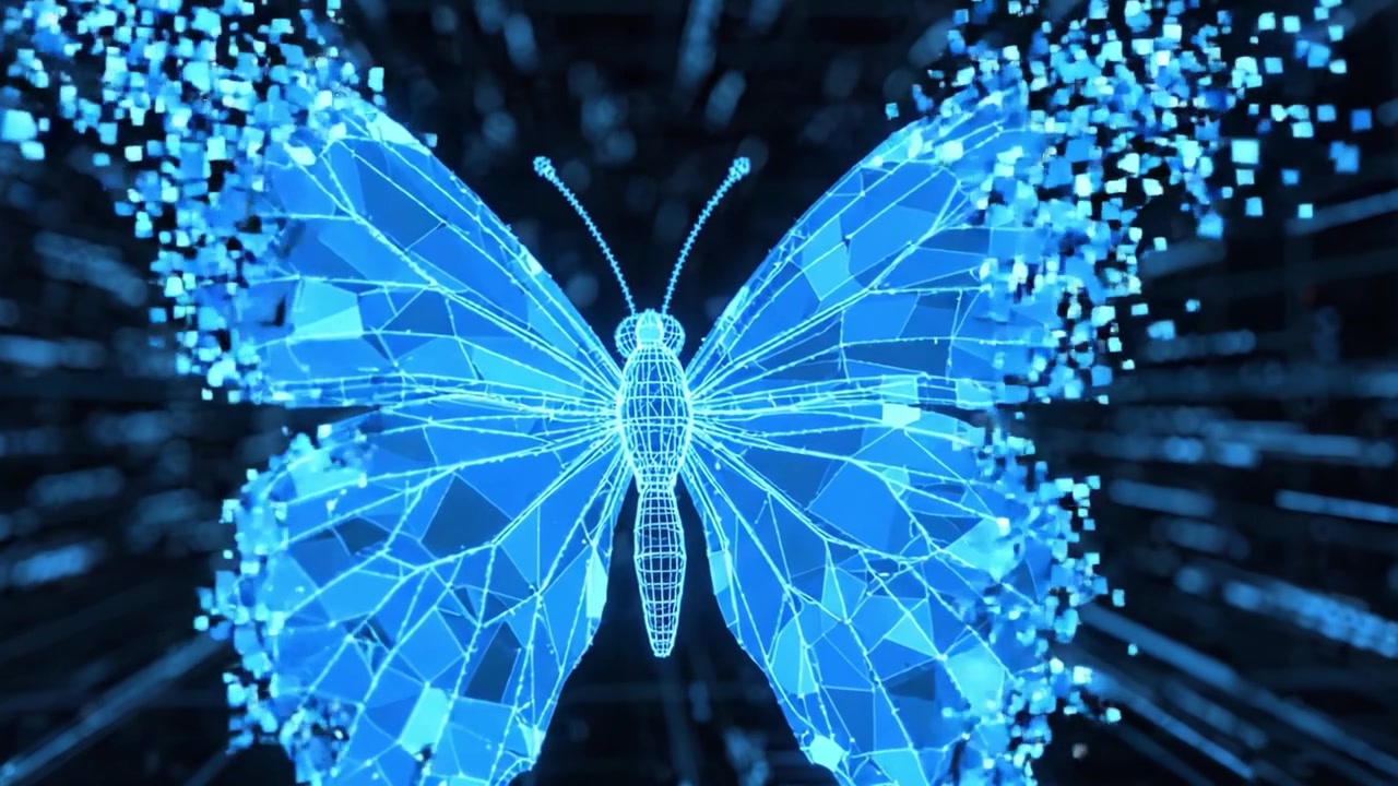 A Stunning Digital Butterfly Emerges in a Mesmerizing Blue Holographic Display, Showcasing Intricate Patterns and Technological Elegance in a Vivid Field of Light and Motion