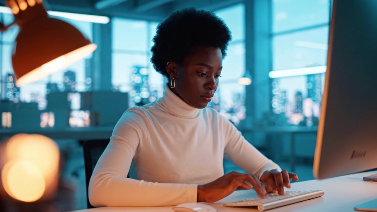 Focused Professional Working Late at Night in a Modern Office Environment with City Lights in the Background, Portraying Concentration and Determination