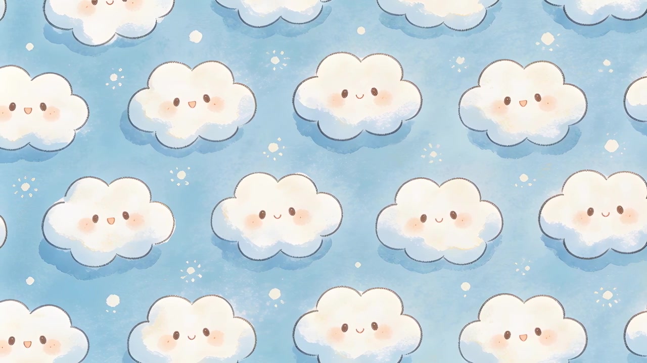 Loop starting kawaii cloud motifs gently shifting on watercolor-blue backdrop, with sparkles