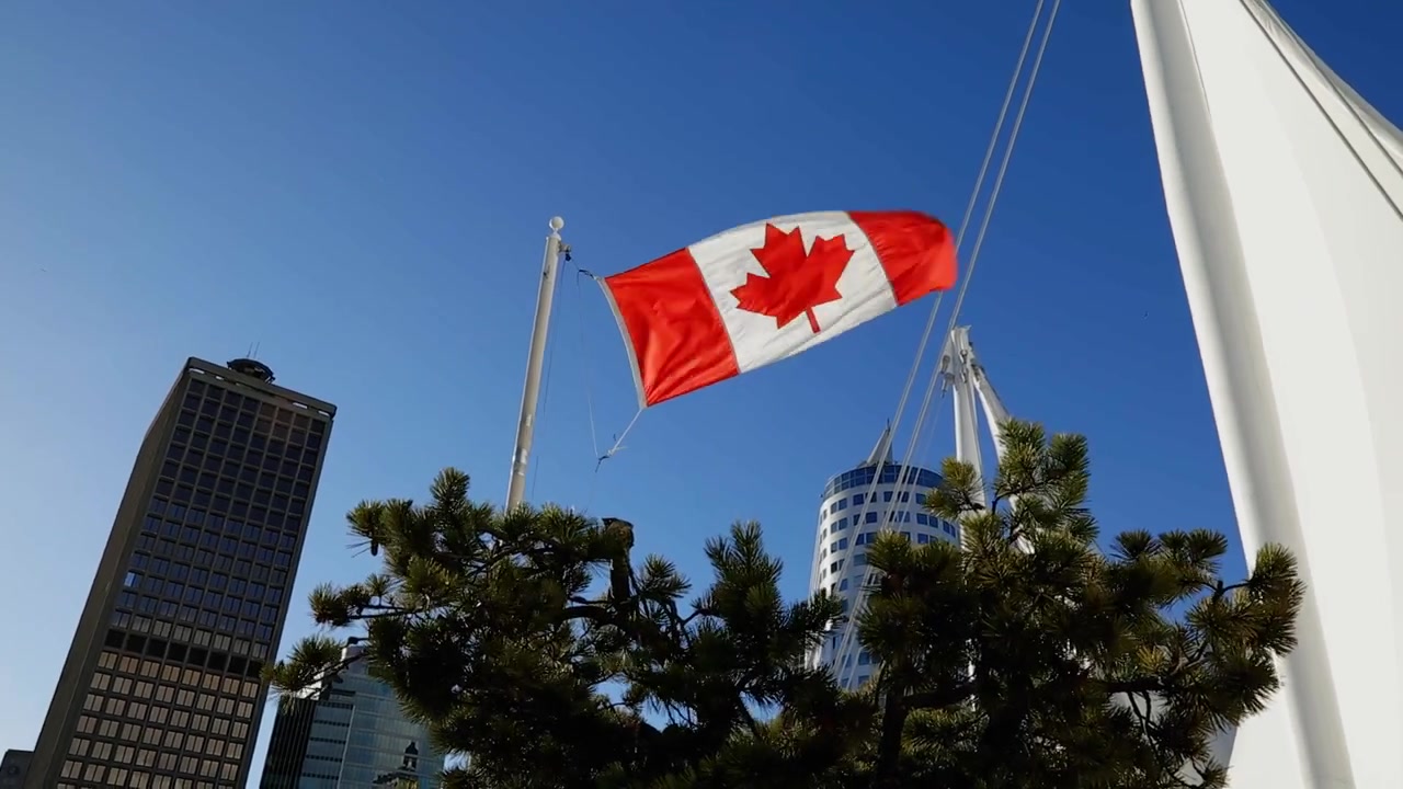 Video che mostra la bandiera canadese e telecamera tremolante durante una tempesta di vento a Vancouver