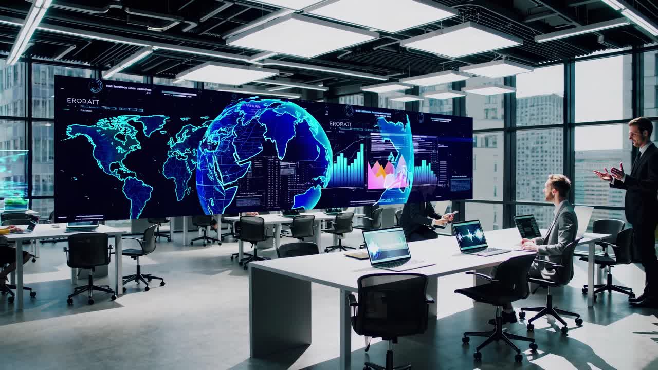 Vidvinkelbillede af et moderne kontor med et digitalt verdenskorthologram