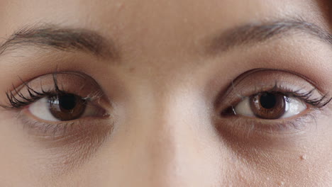 close up of woman brown eyes opening looking at camera wearing makeup cosmetics