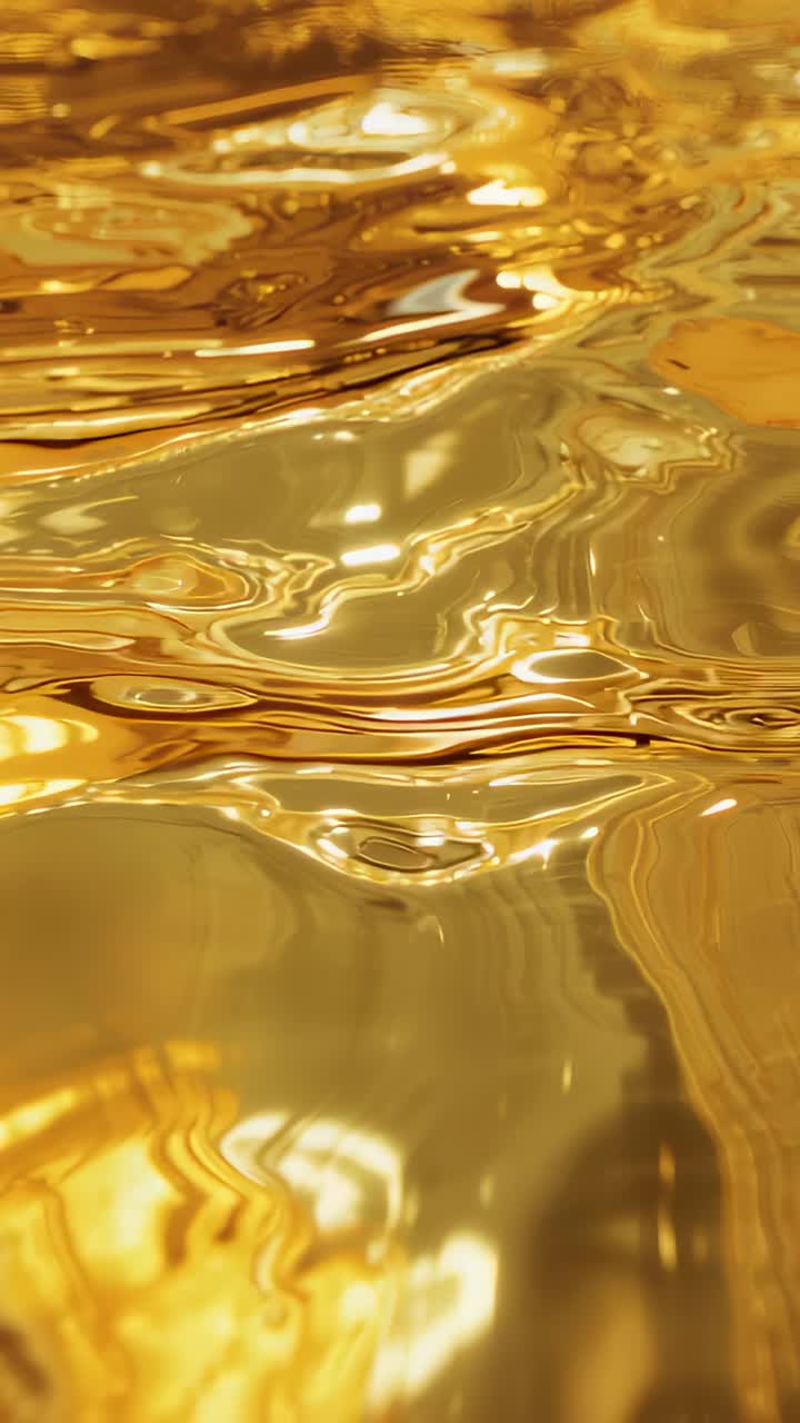 Vertical video: Rippling golden surface reacting after frame1 nudge, shifting dark streaks in macro