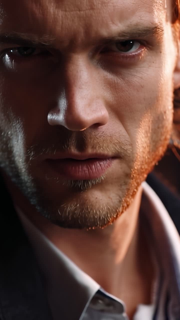 Close-up finger points assertively toward viewer. Man's intense gaze meets camera with focused determination. Dark lighting heightens emotional gravity of the moment