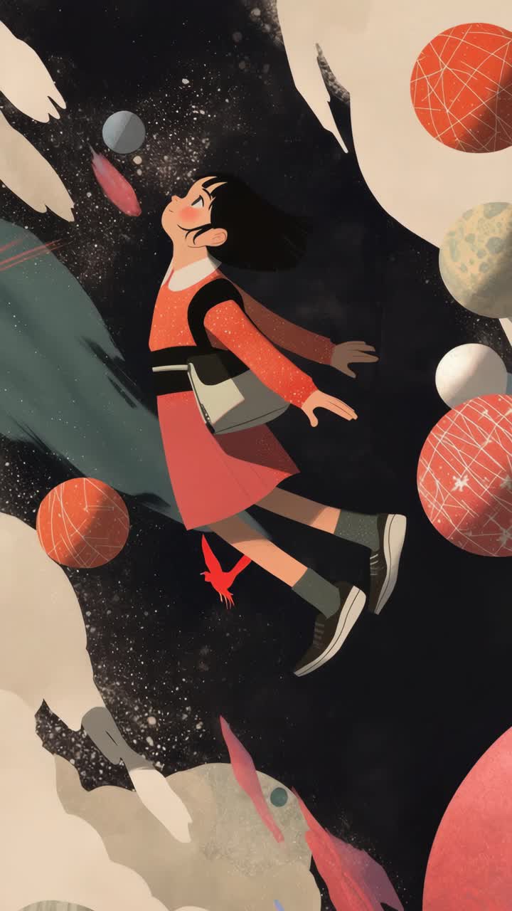 Une illustration fantaisiste d'une fille flottant dans l'espace parmi les planètes