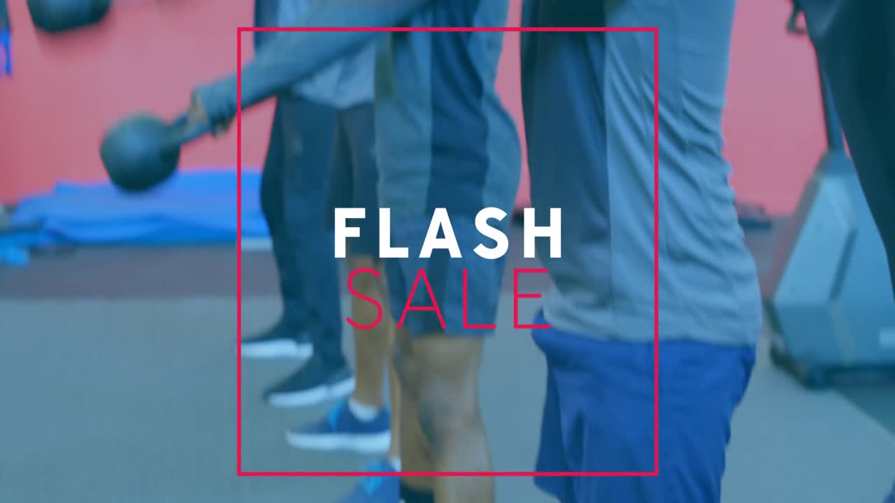 Animation of flash sale text over diverse people lifting weights