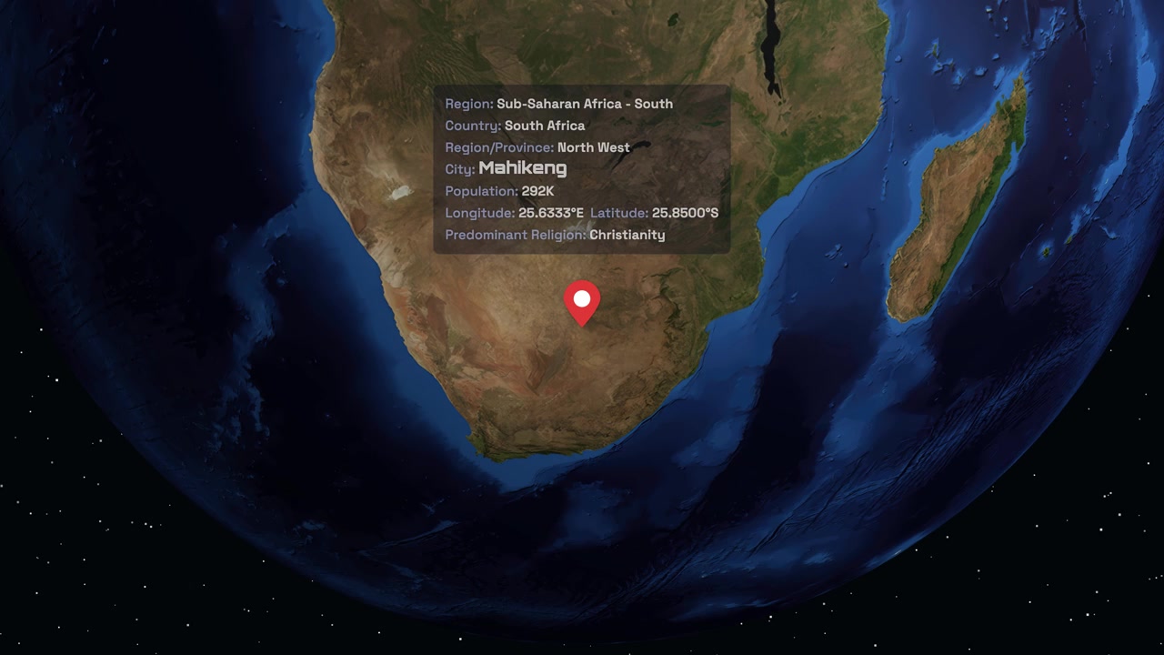 Digital globe rotates and zooms into South Africa, revealing location details and a map marker