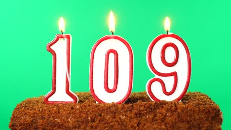 cake with the number 109 lighted candle. chroma key. green screen. isolated