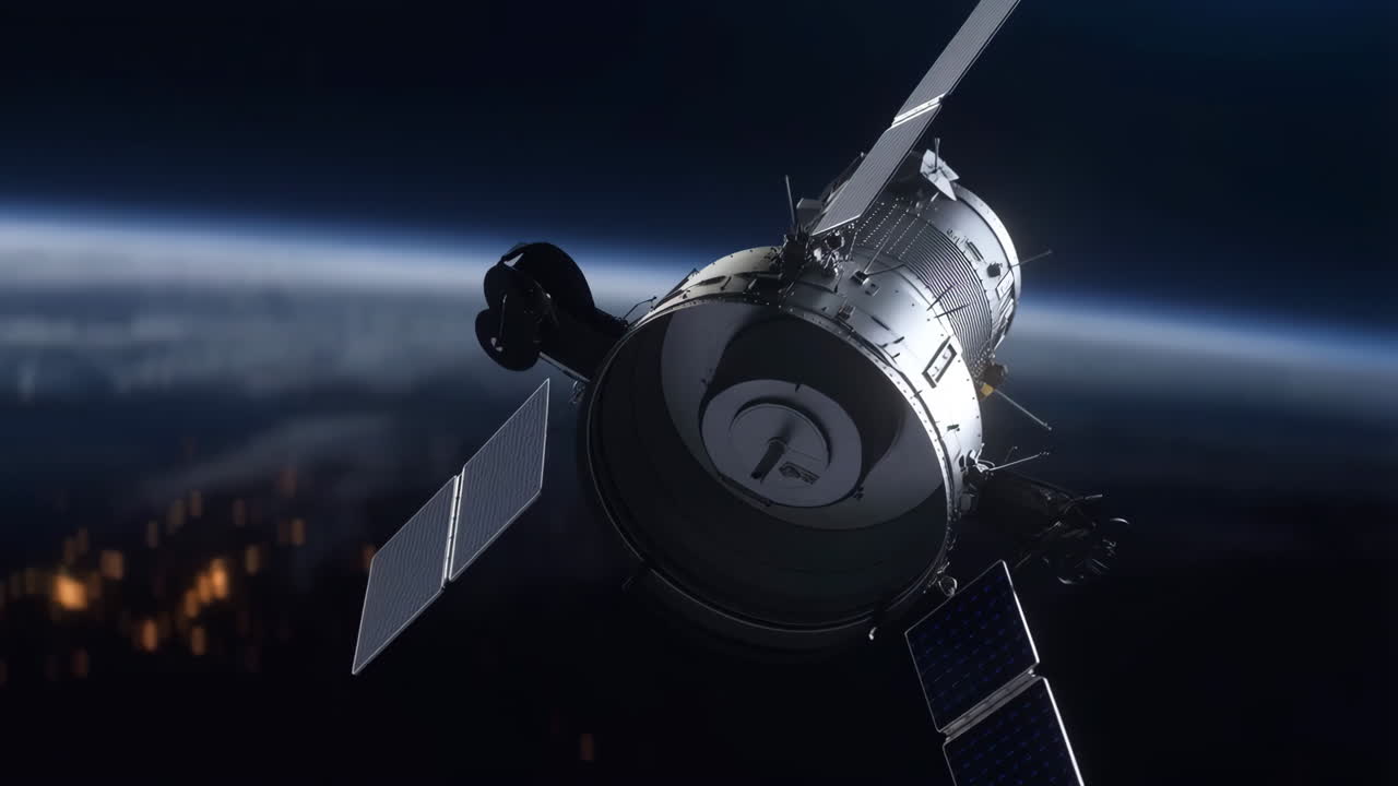 Satellite orbiting Earth with city lights visible