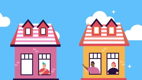 people in apartment windows stay home campaign