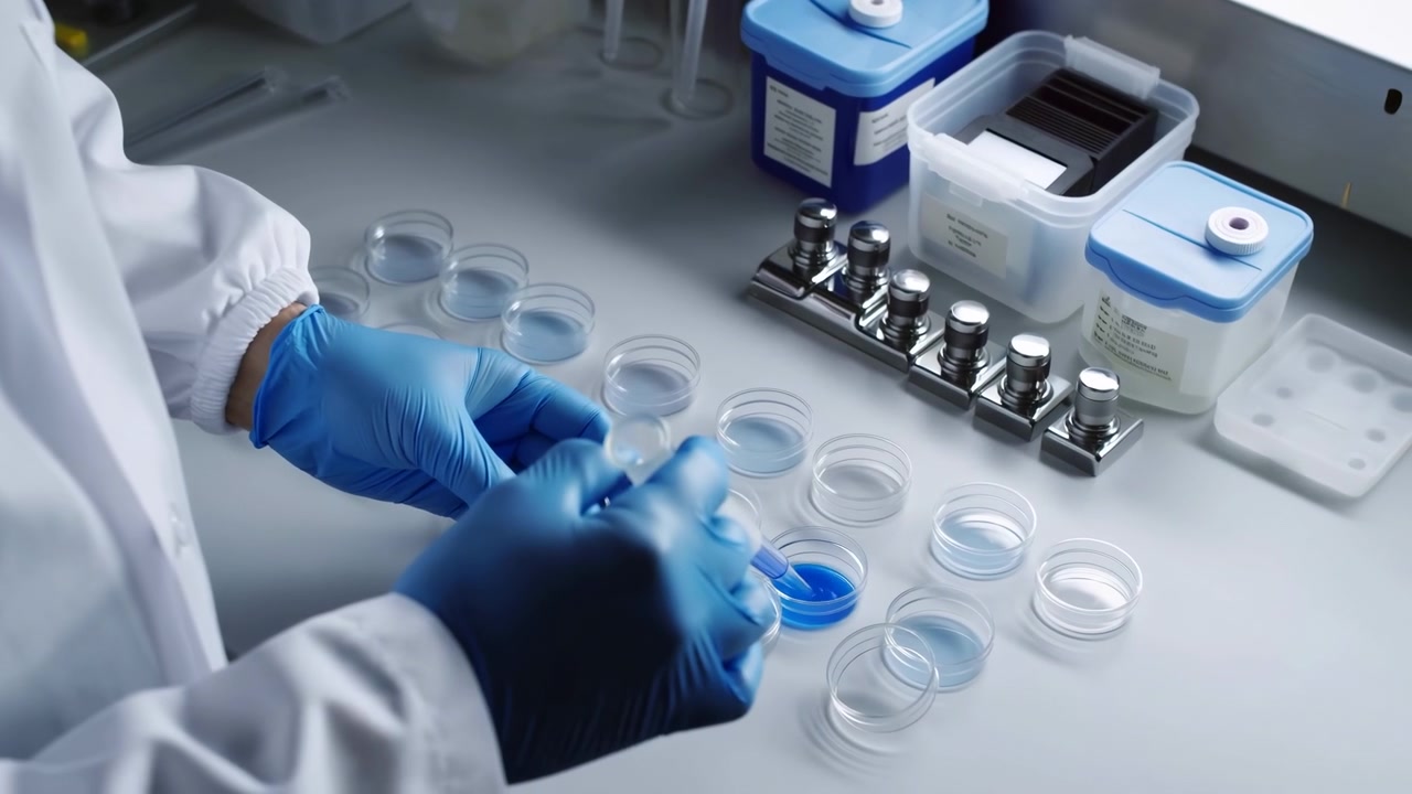 Blue-gloved hands transfer liquid samples into clear dishes beside laboratory containers and tools, with cool lighting, overhead composition, and organized workspace details visible.