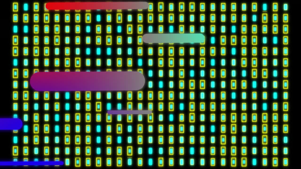 Animation of colourful shapes moving over yellow blocks