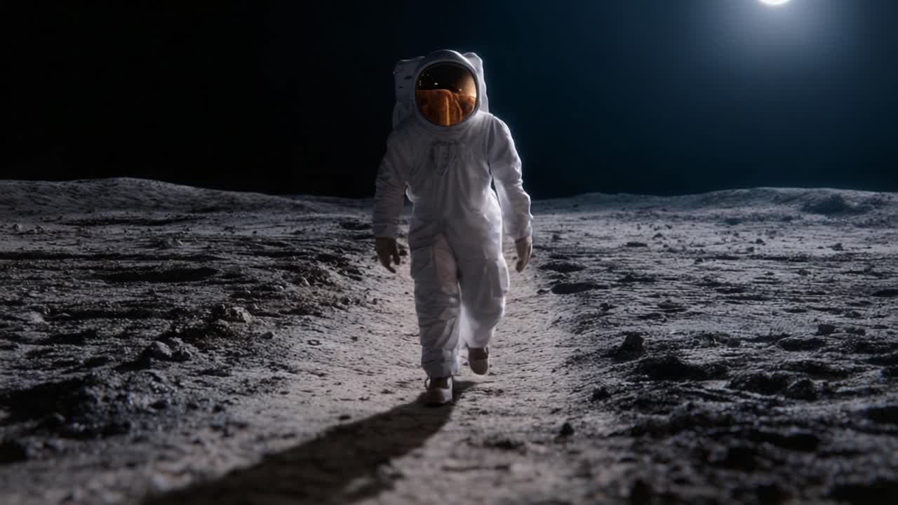 Ein Astronaut reist über die Mondoberfläche, beleuchtet von einem fernen Mond, und verkörpert den Geist der Erkundung und die Geheimnisse des Weltraums in Einsamkeit