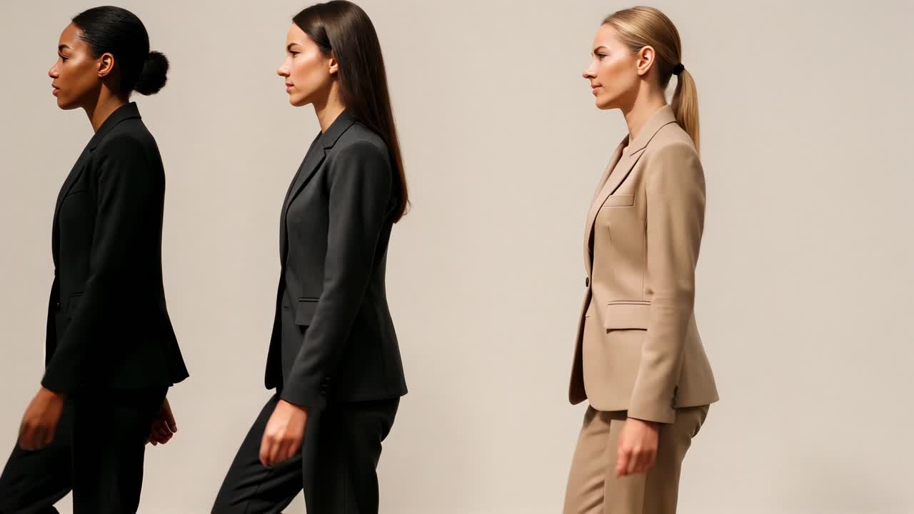 Vista laterale di tre donne in tailleur che camminano con sicurezza in fila, ripreso in stile video.