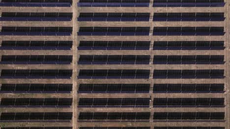 rows of solar panels in a grid pattern in a large desert solar farm seen from above
