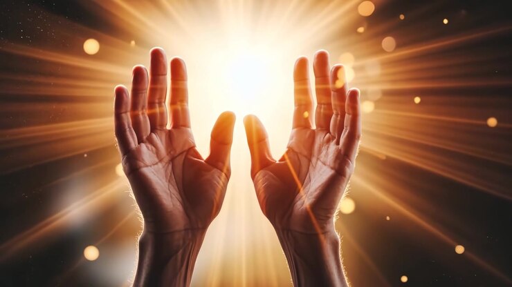Human Hands Reaching Upward Toward Bright Golden Light