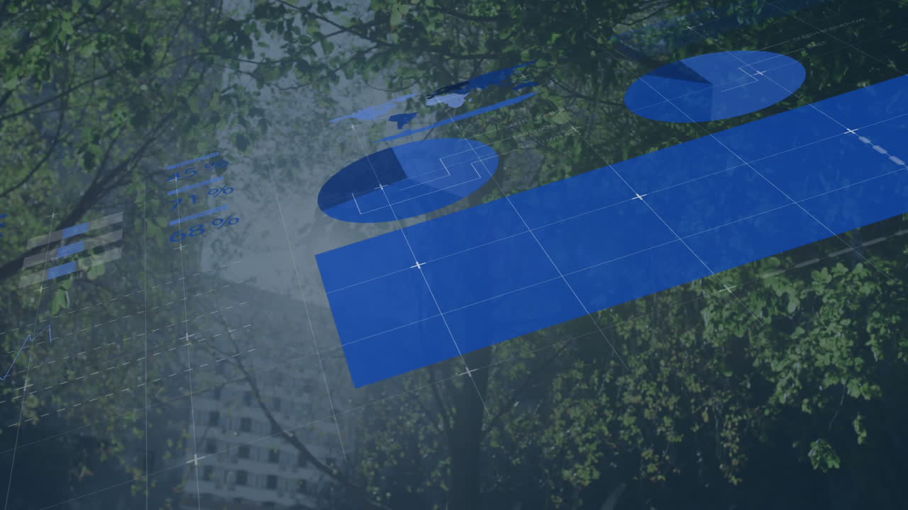 Floating holographic interface panels displaying grid layouts and data charts over forest canopy