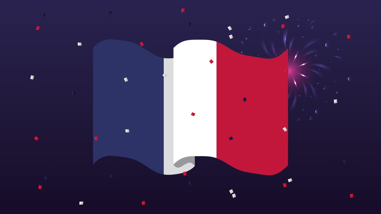 felice festa della bastilla con bandiera francese e fuochi d'artificio