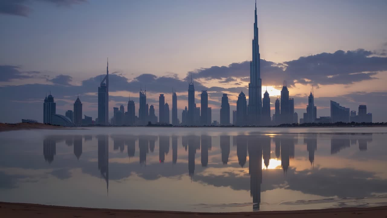 Dubai skyline mirroring gleaming Burj Khalifa, casting pristine reflection across tranquil water during golden sunrise, showcasing architectural grandeur against soft morning light