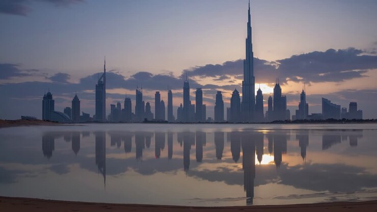Dubai skyline mirroring gleaming Burj Khalifa, casting pristine reflection across tranquil water during golden sunrise, showcasing architectural grandeur against soft morning light