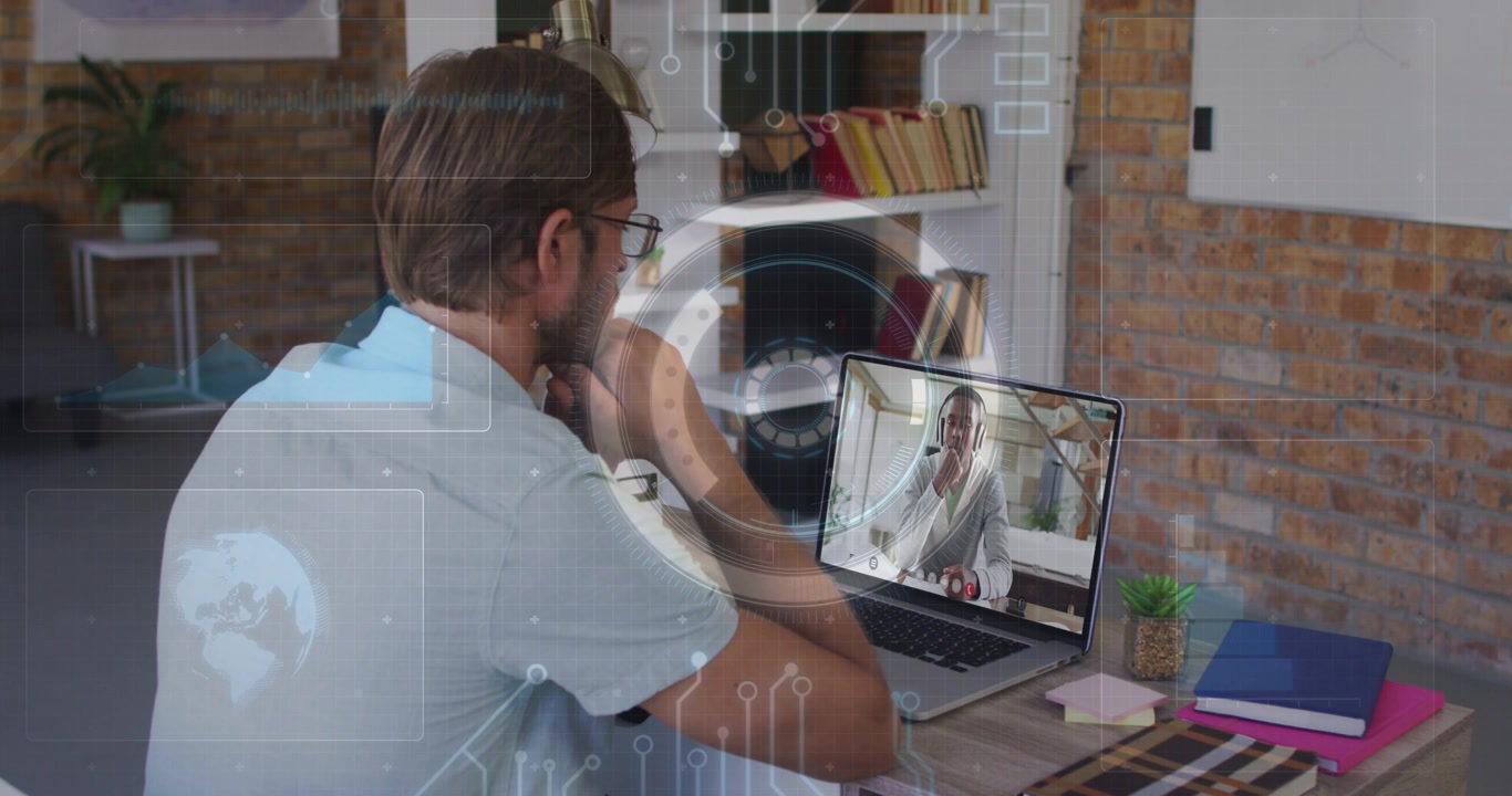 Man sitting on business call for project, onscreen speaker speaking with HUD overlays over man