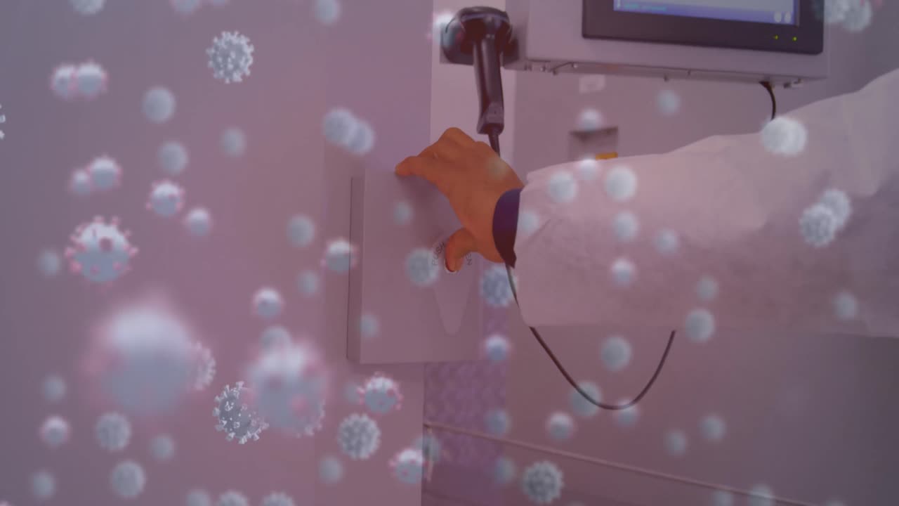 실험실에서 백인 과학자에 대한 바이러스 세포의 애니메이션