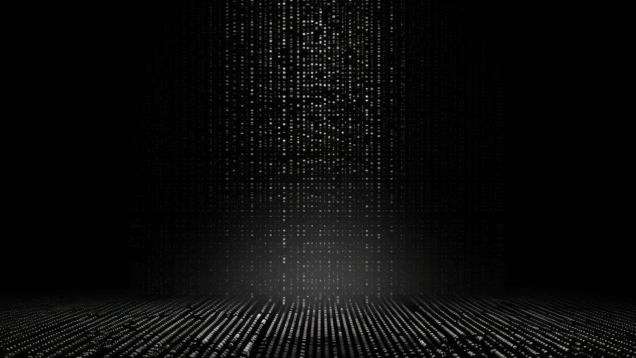 Futuristic digital rain effect with a low-angle view, creating a matrix-like atmosphere