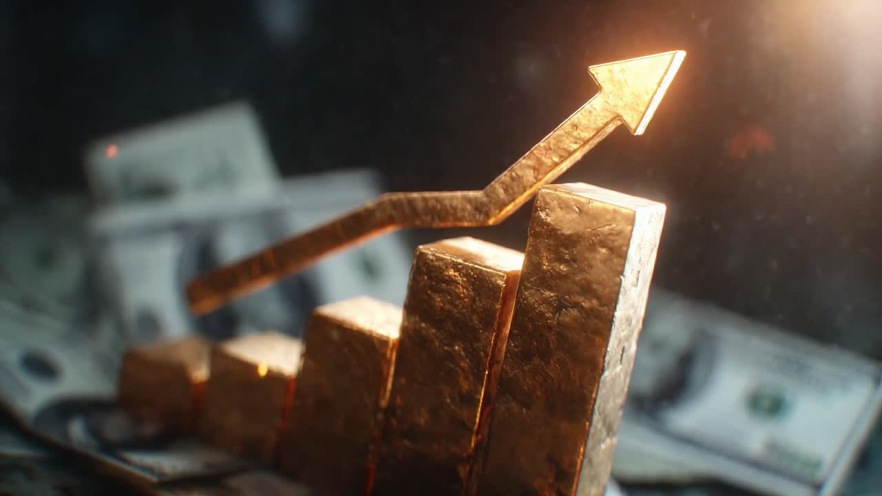 A Dynamic Financial Growth Concept Featuring a Golden Chart with an Upward Arrow and Dollar Bills, Symbolizing Prosperity and Investment Potential in Economic Success