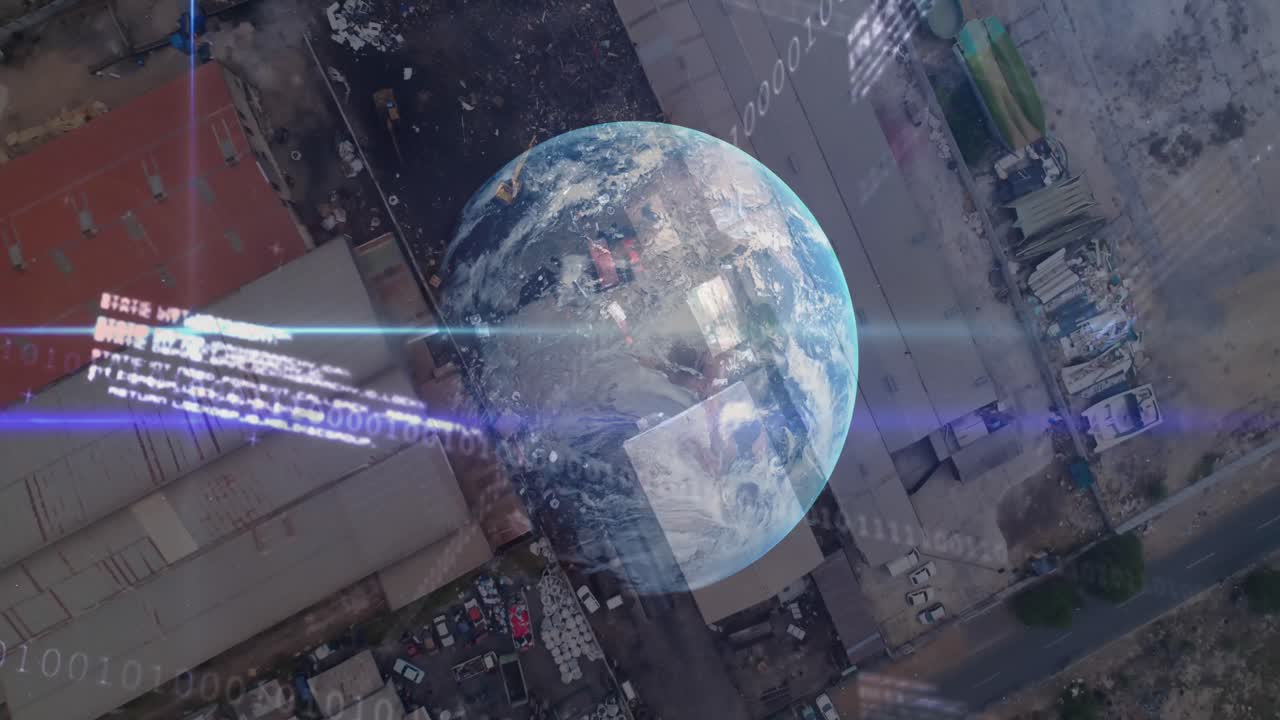 Financial data processing over globe against urban industrial site