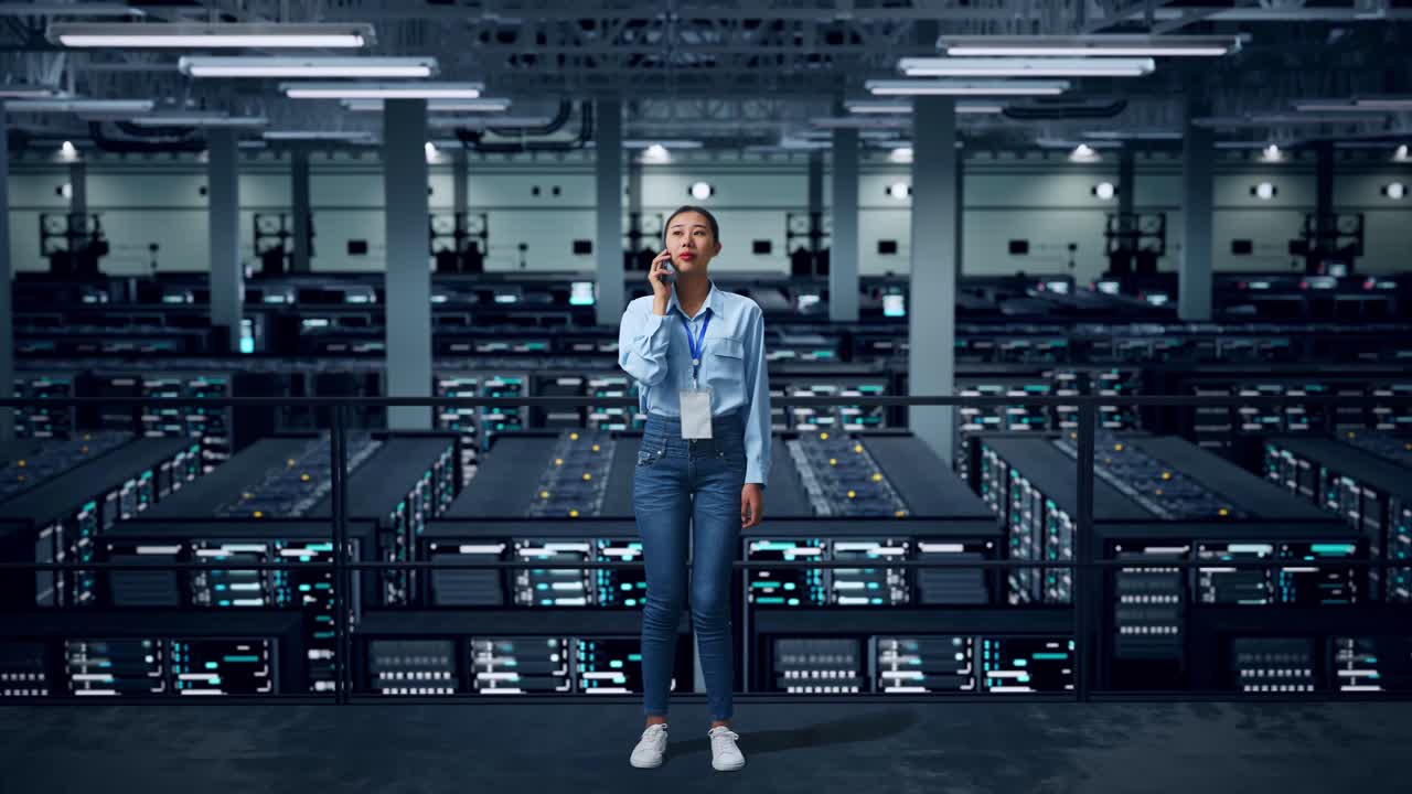 Woman talking on phone in data center