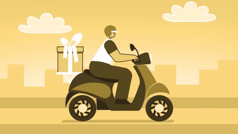 yellow style man flat character riding delivery scooter with gift box. isolated loop animation with alpha matters