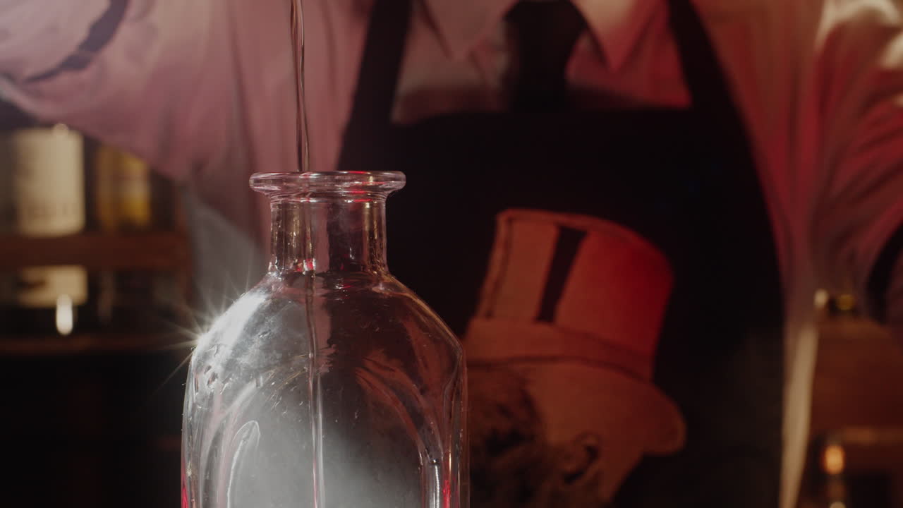 Bartender Pouring Liquid into a Bottle