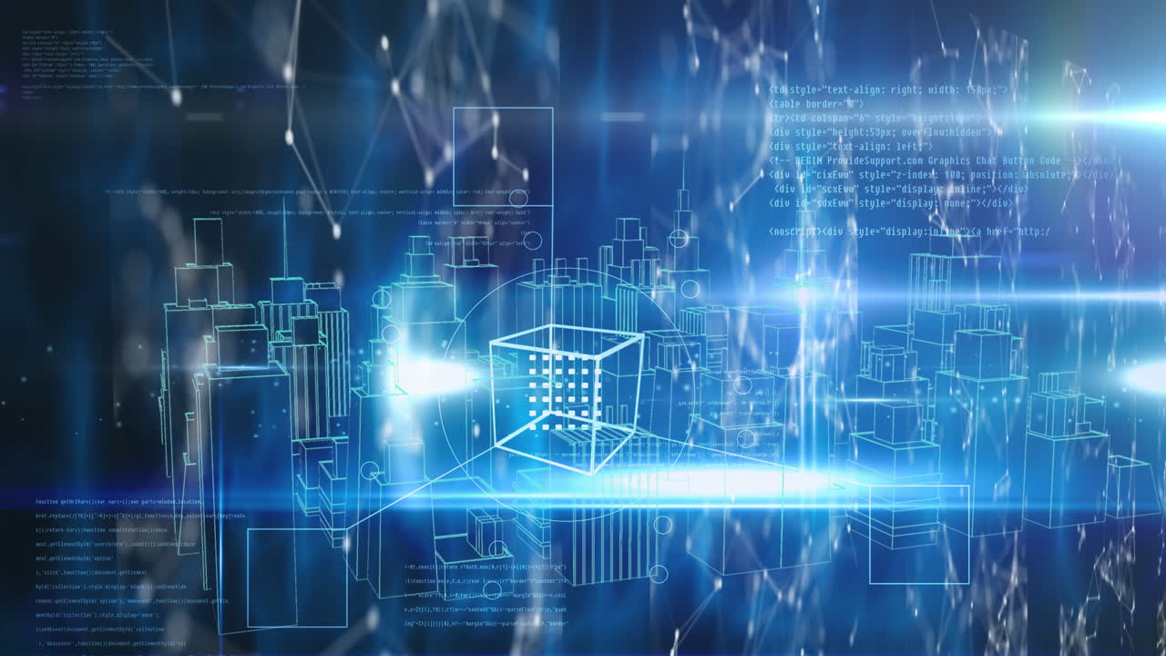 Network of connections and spot of light against 3d city model spinning on blue background