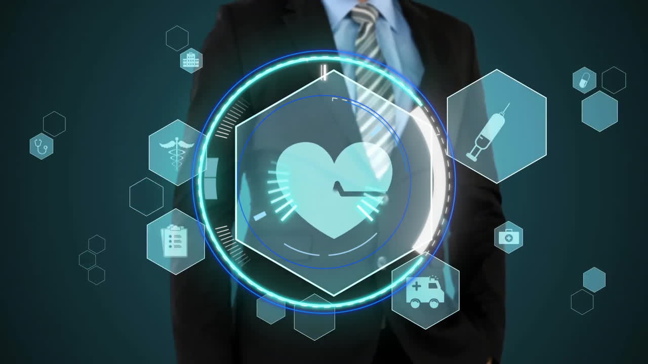 의료 아이콘의 애니메이션과 카우카시안 사업가에 대한 데이터 처리