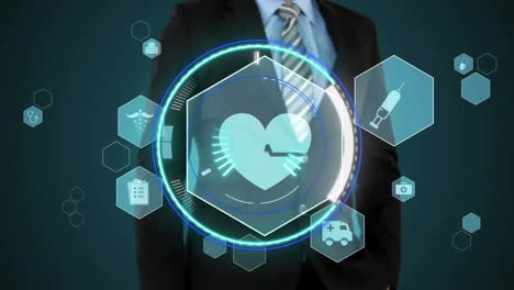 animación de iconos médicos y procesamiento de datos sobre empresario caucásico