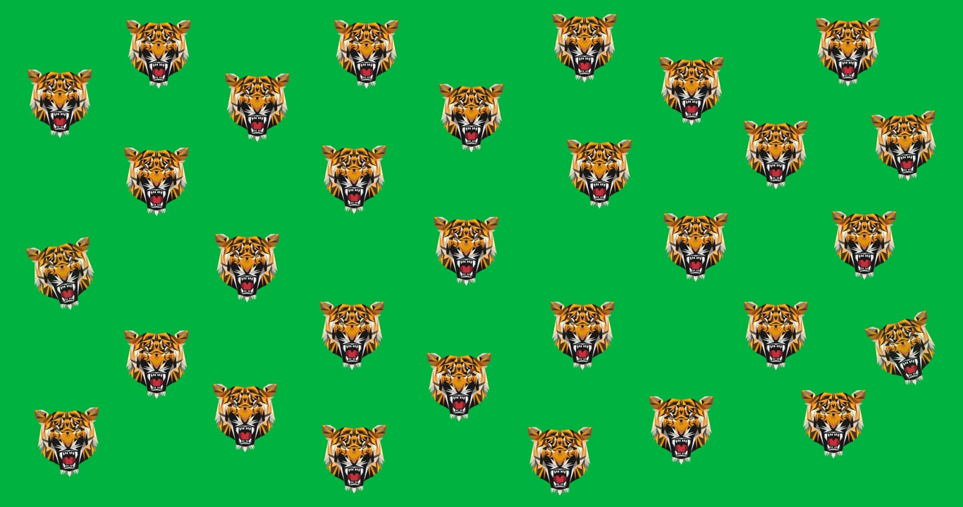 Animazione digitale di icone multiple di volti di tigre su sfondo nero.