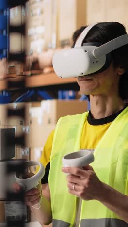 vertical video worker uses virtual reality headset to ensure order fulfillment with ai